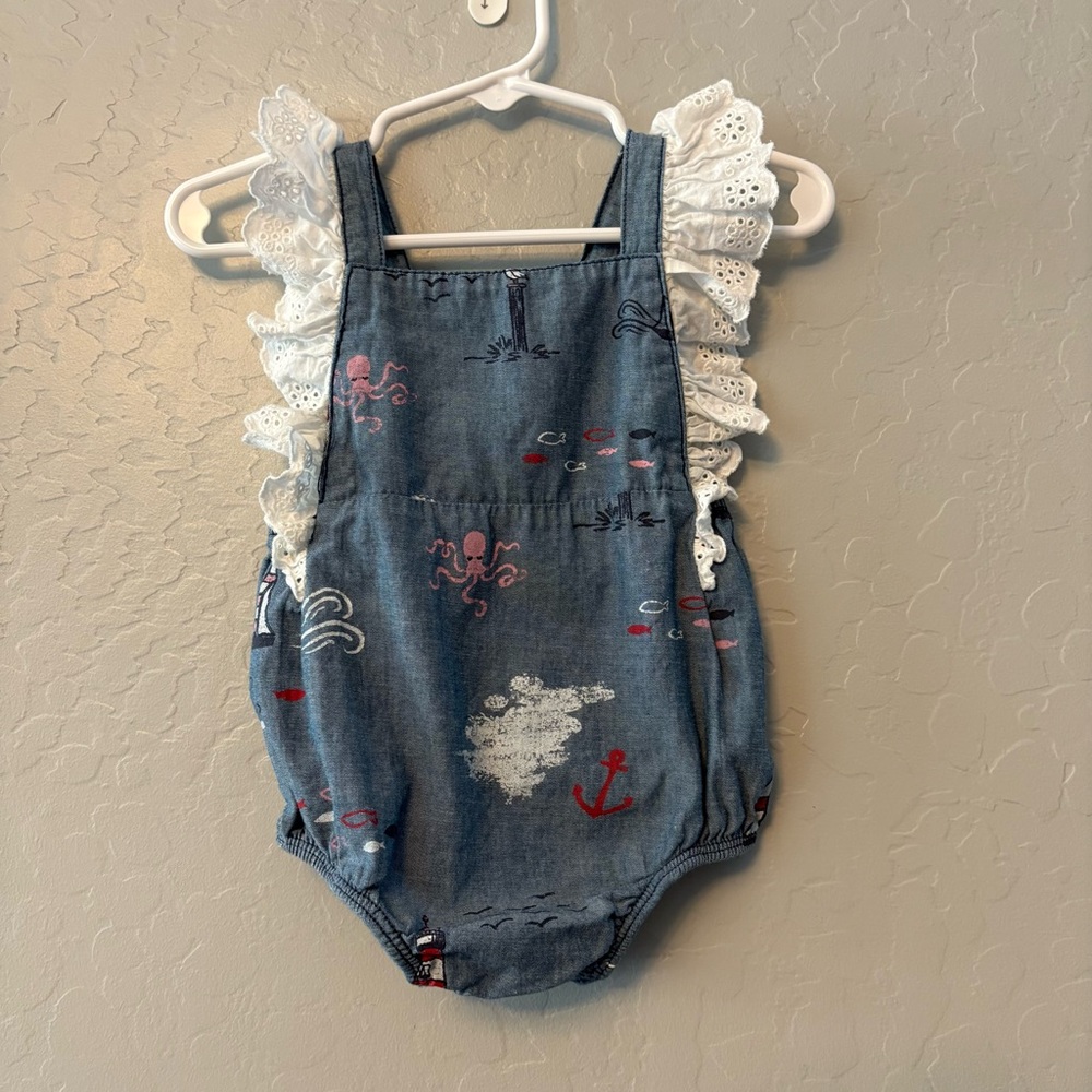 Mud Pie nautical ocean sail away eyelet lace denim chambray romper 6-9 months